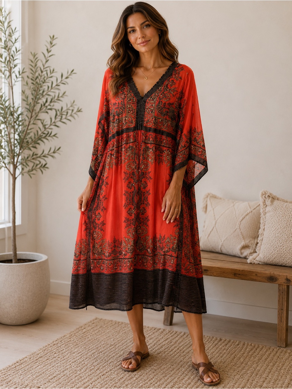 Vintage 90s PHOOL Boho Tunic
Beaded Sequined Semi-Sheer
Gauze Kaftan Dress 1X